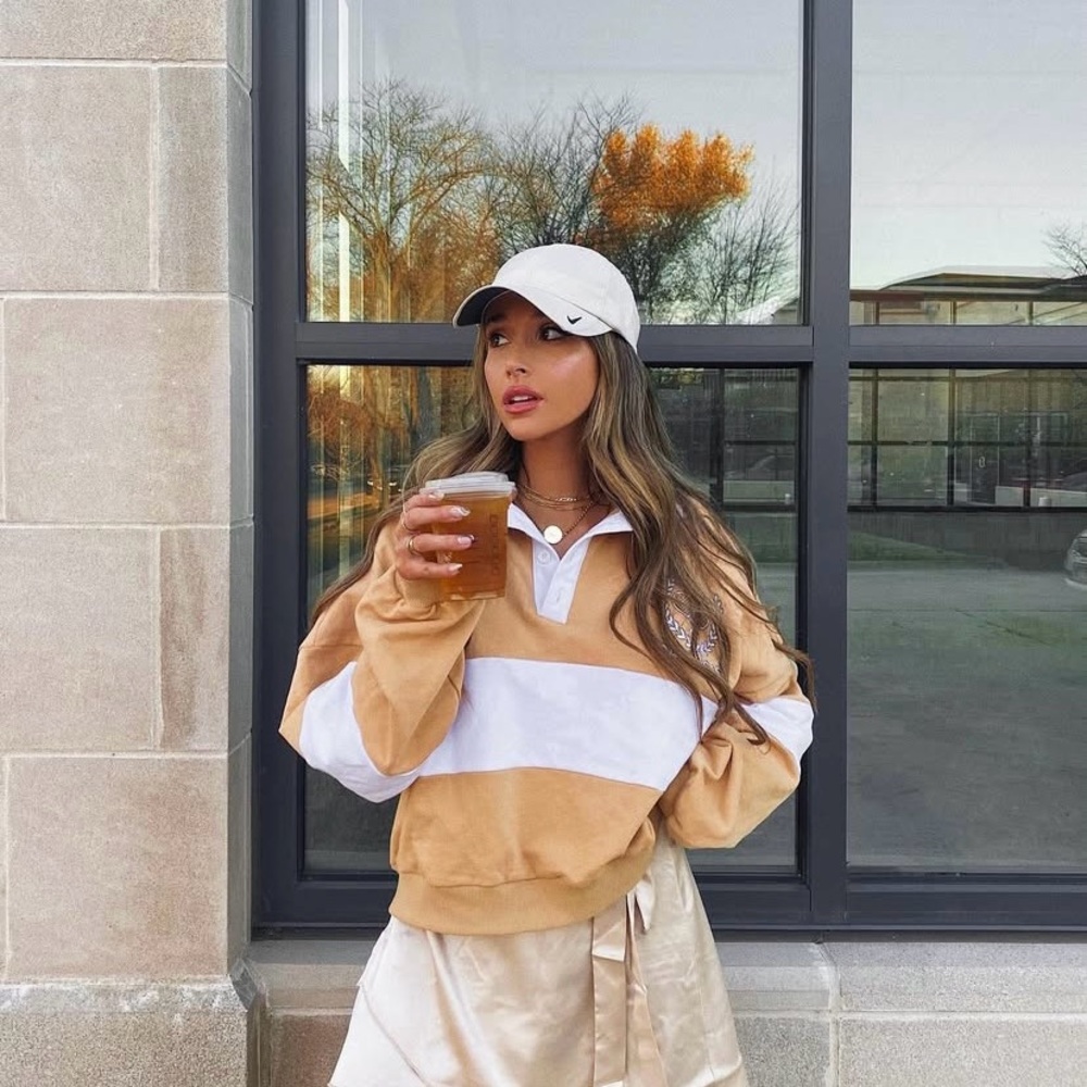 Beginning Boutique Tan and White Polo Shrt